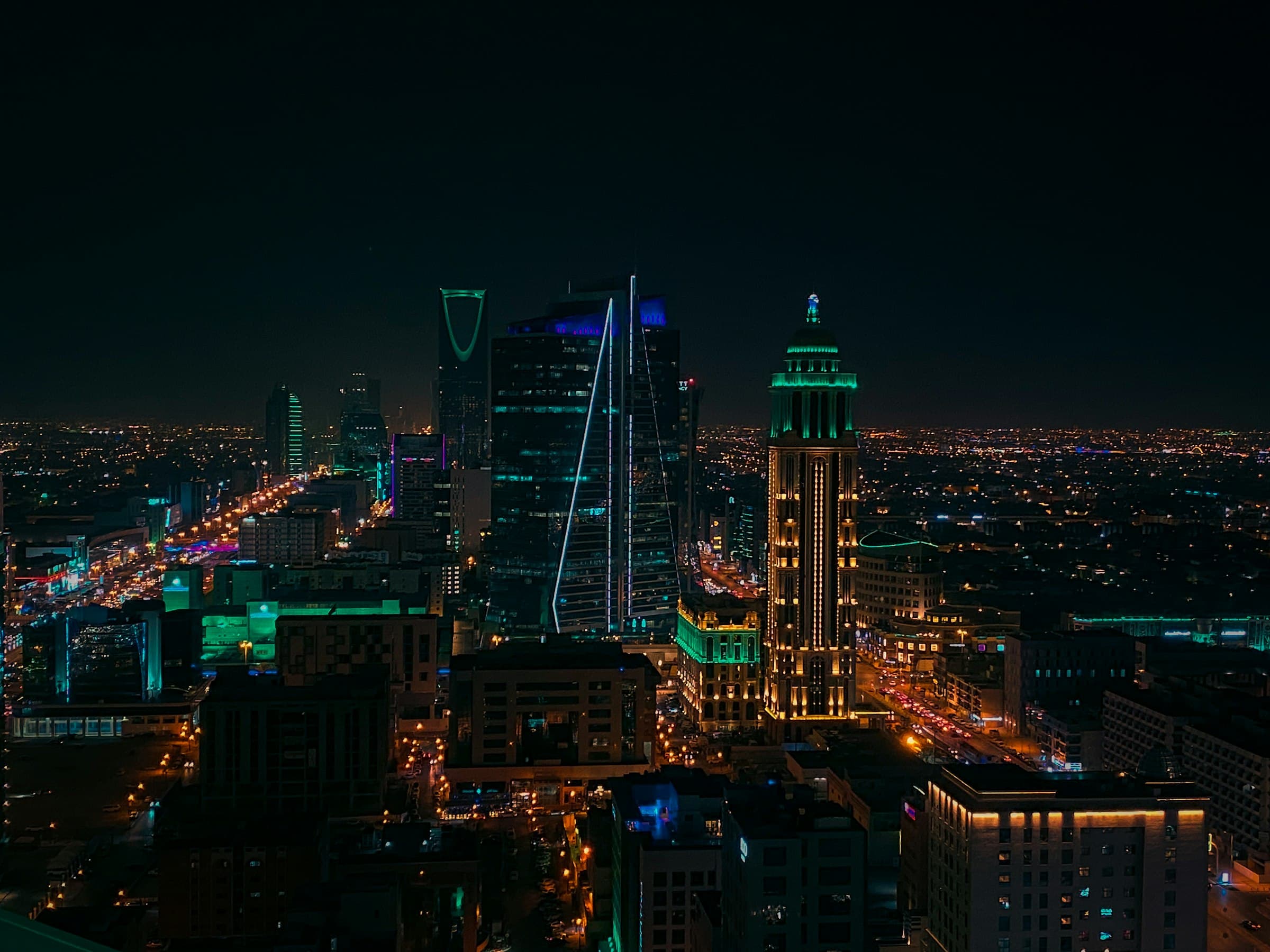 Riyadh skyline at night, featuring Kingdom Centre Tower